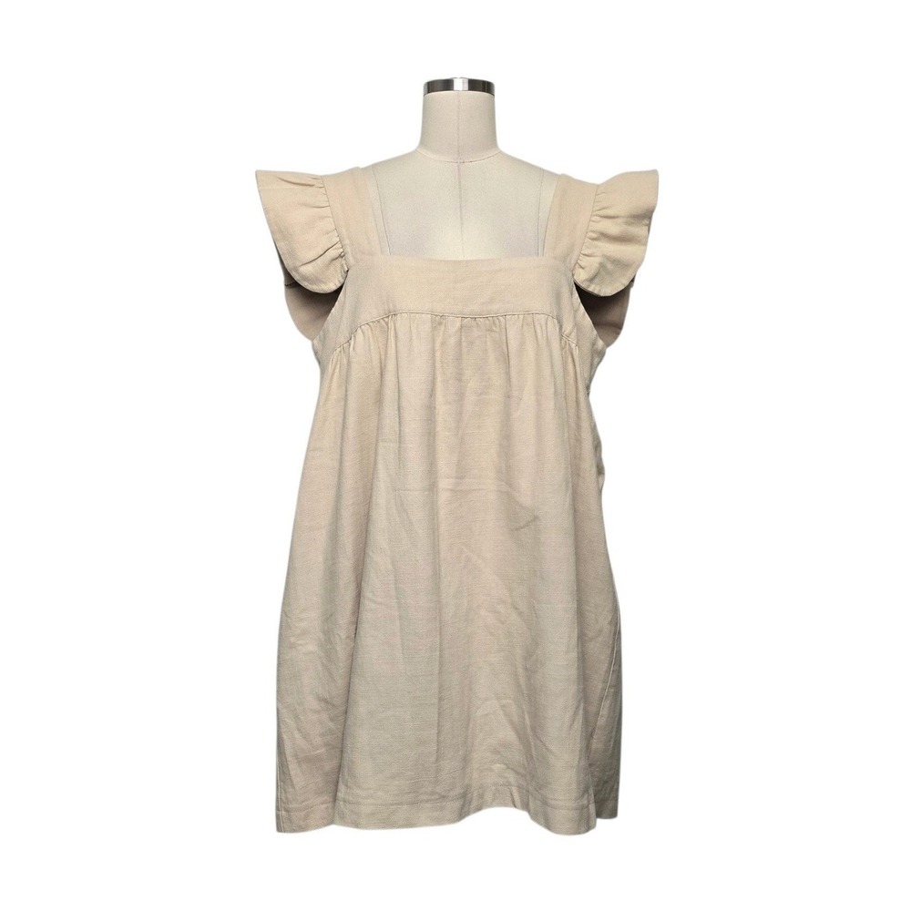 Pomander Place Tan Beige Ruffle Flutter Sleeve Cotton Mini Dress Women's Large